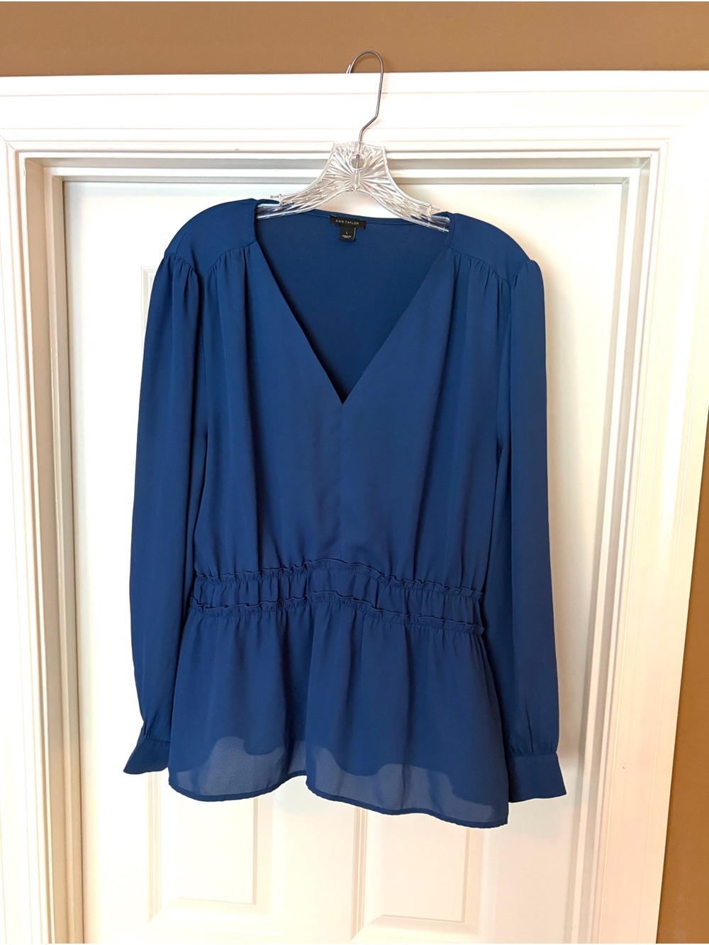 Ann Taylor Blue V-Neck Long Sleeve Peplum Blouse